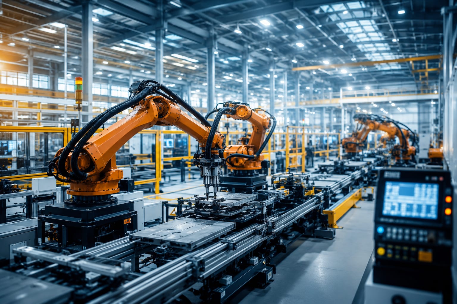 Robotic arms on an automated manufacturing line in an industrial plant