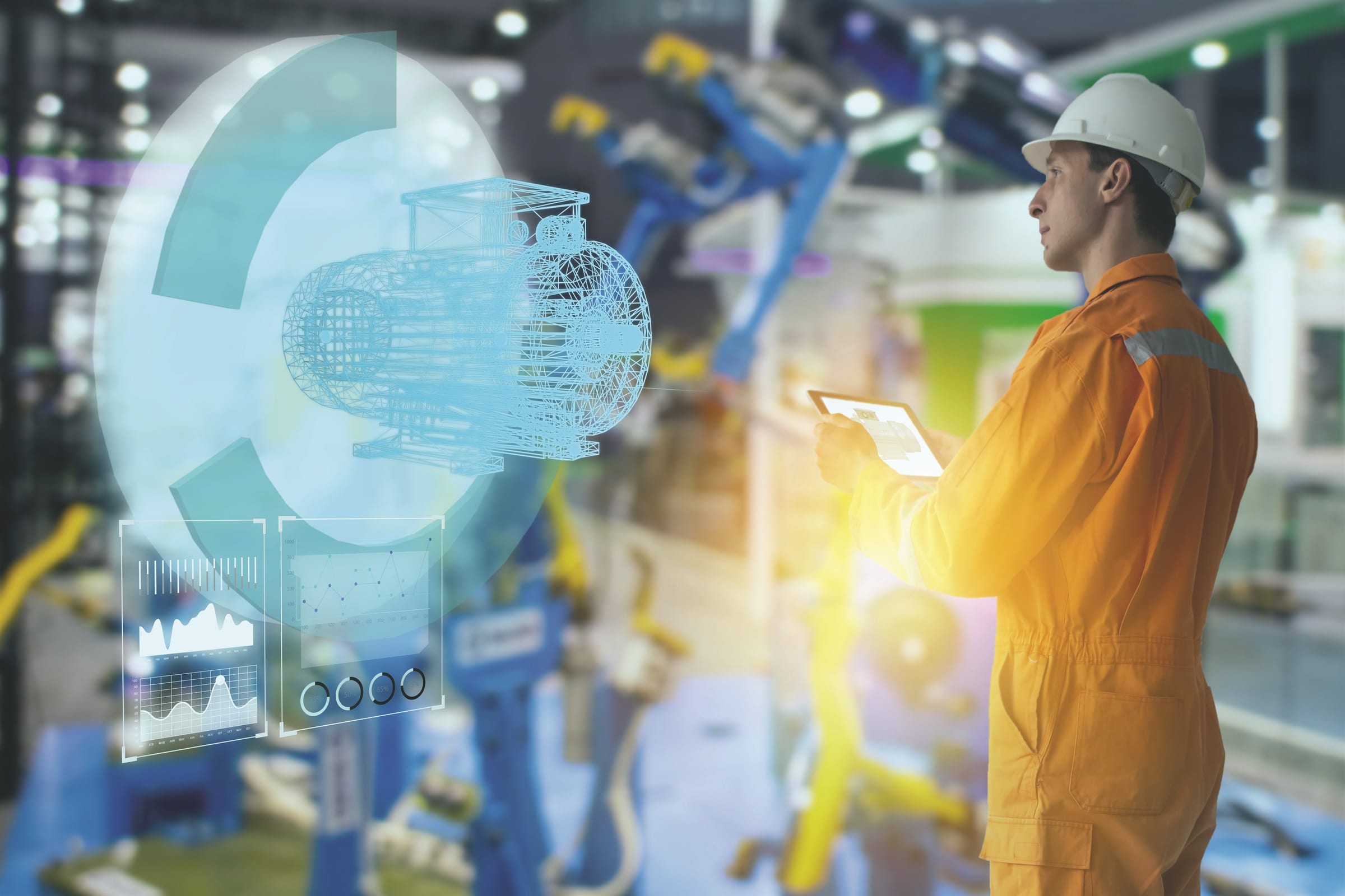 A technician on the plant floor holding a tablet, with an AR wireframe overlay of the equipment and live data panels floating above it