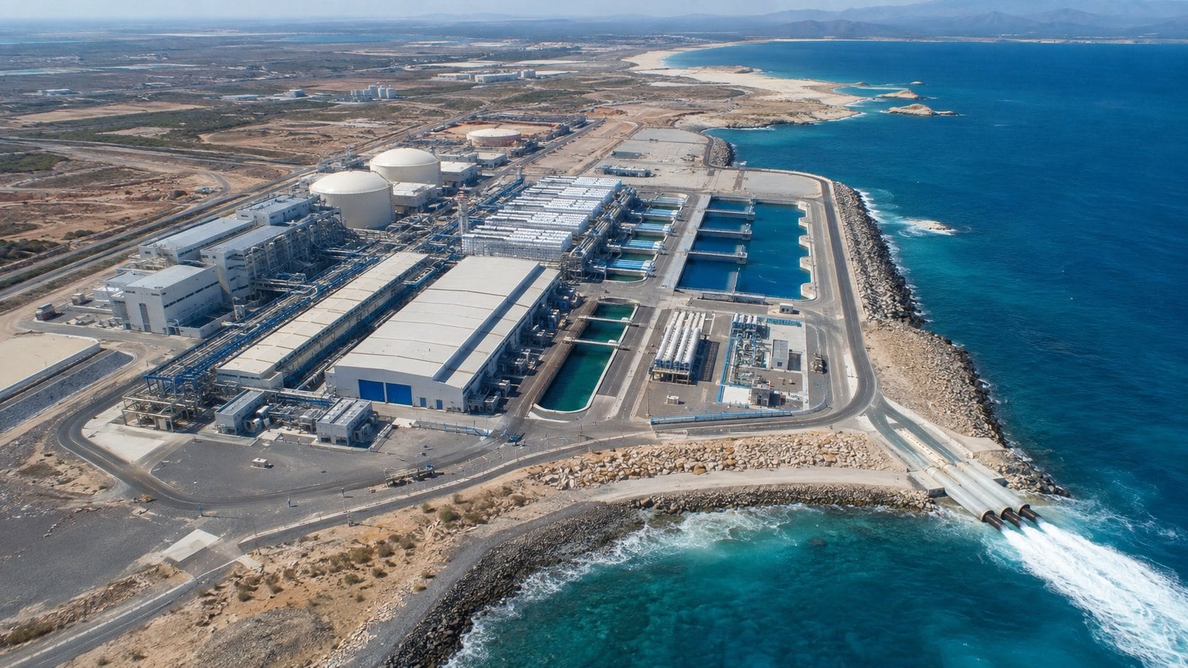 Aerial view of a coastal seawater desalination plant, with reverse-osmosis buildings, storage tanks and intake and outfall pipes running into the sea